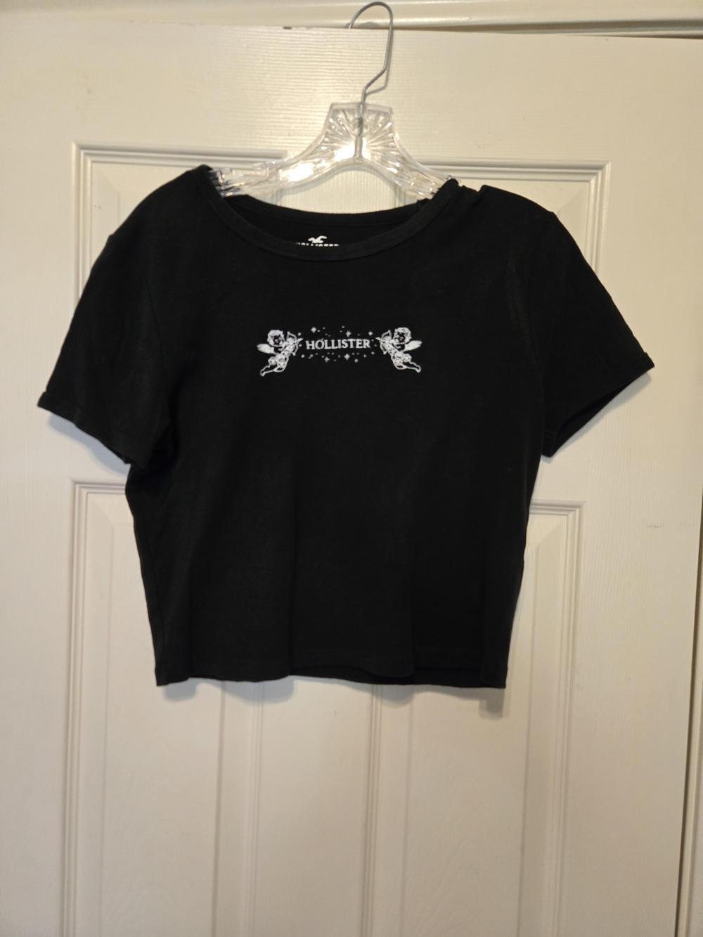 Hollister Black Cropped Tee with White Cherub Logo